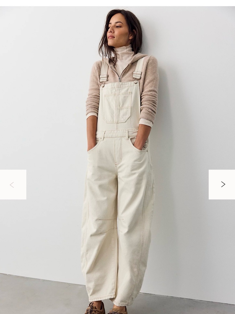 Free People Cream Wide-Leg Denim Overalls